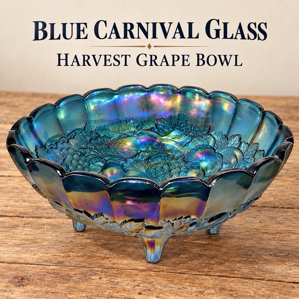Vintage Indiana Glass Harvest Grape Blue Carnival Glass Oval Footed Bowl 11”